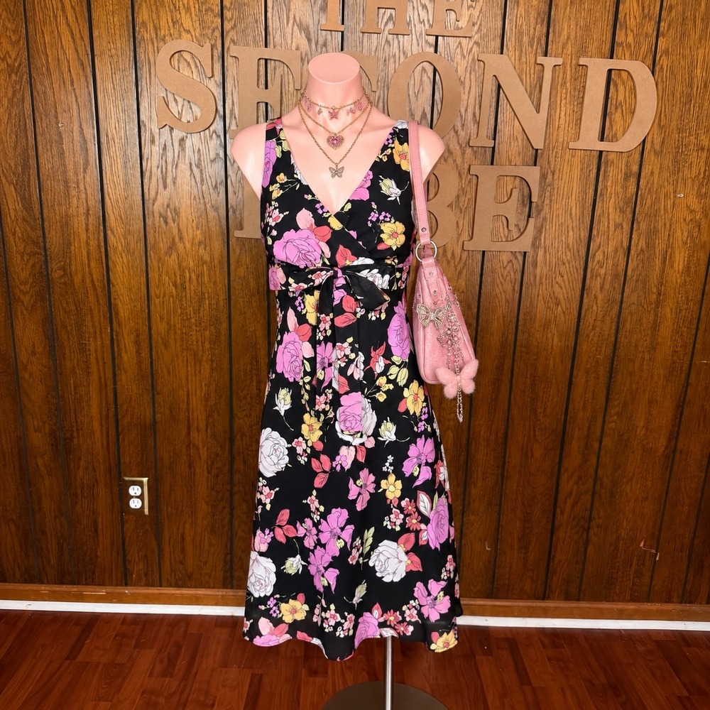Black Floral Chiffon Midi Dress Karin Stevens Womens 8P Y2K Boho Fairycore Dress